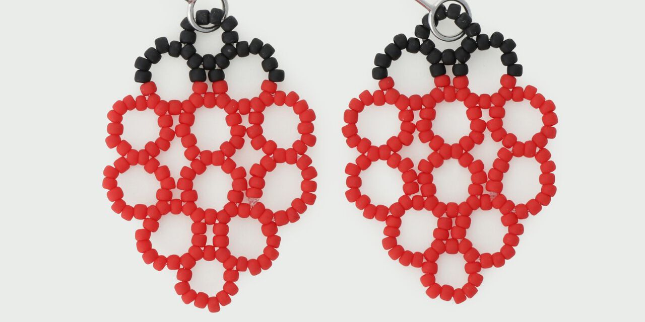 Glass Beaded Earrings Lotus,Red, large image number 1