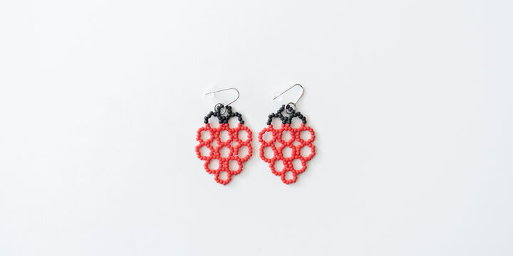 Glass Beaded Earrings "Lotus",Red, medium